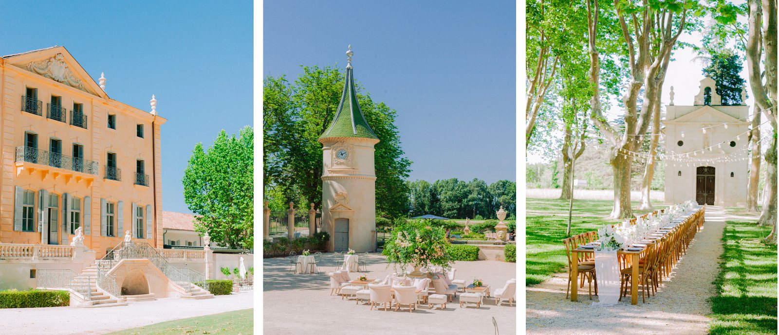 le charme du château fonscolombe avec sa verdure et une petite chapelle
