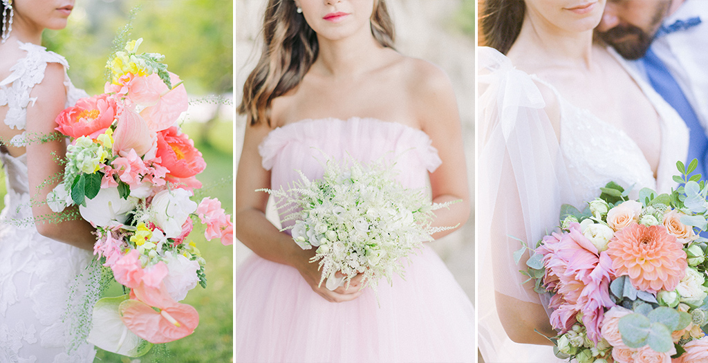 3 bouquets de mariage sont presentés sur cette photo du gros elangt et felurs eichées