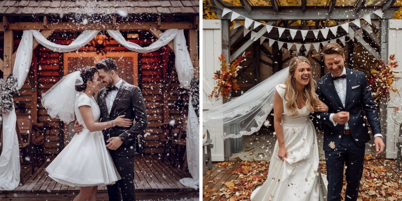 Neige artificielle biodégradable lancée lors d’un mariage d’hiver.