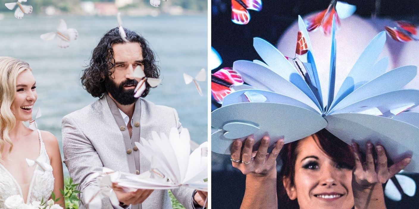 Lancement de confettis papillons magiques lors d’un mariage en plein air.