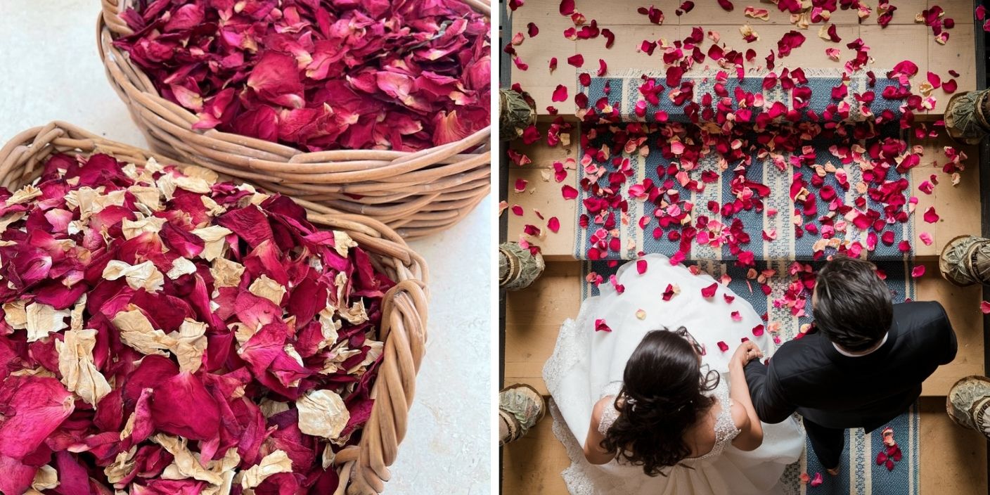 Pétales de roses rouges séchées utilisées comme confettis de mariage.