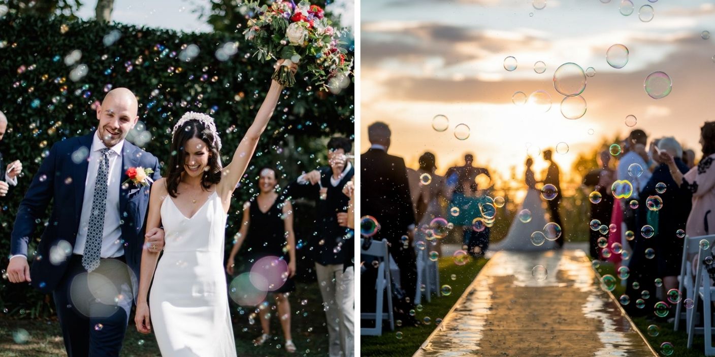 Mariage en extérieur avec des bulles de savon utilisées en remplacement des confettis traditionnels.