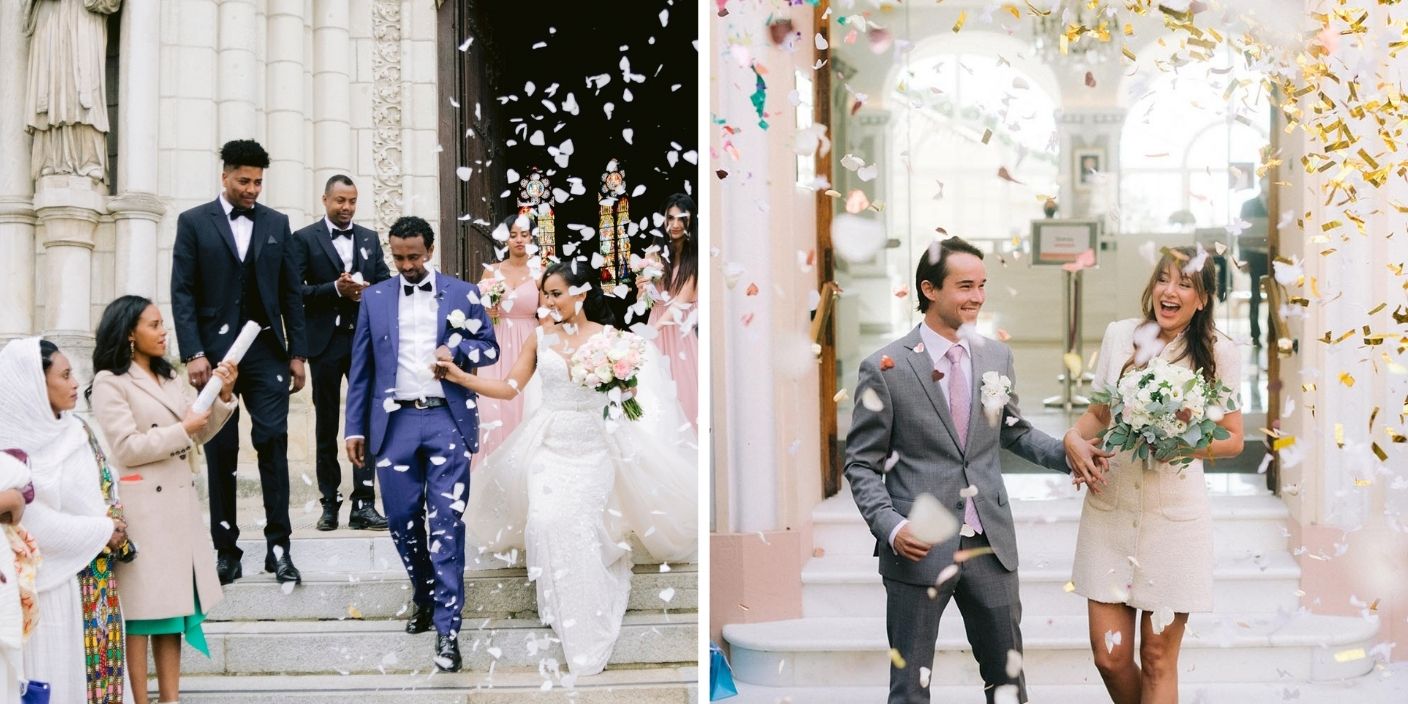 Sortie de mariage avec des confettis en forme de pétales de fleurs blanches.