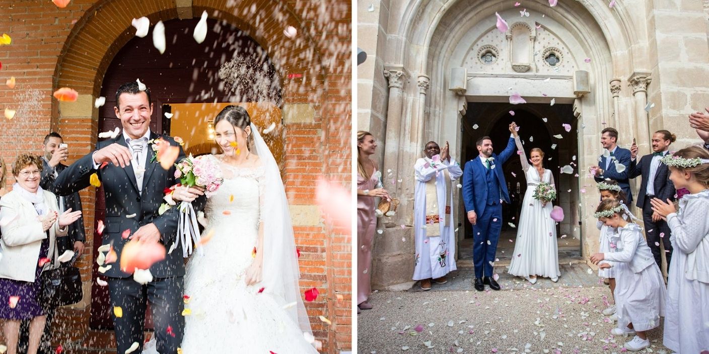 Sortie de mariage avec un lancer de pétales de fleurs naturelles, créant un moment festif et romantique pour les mariés.