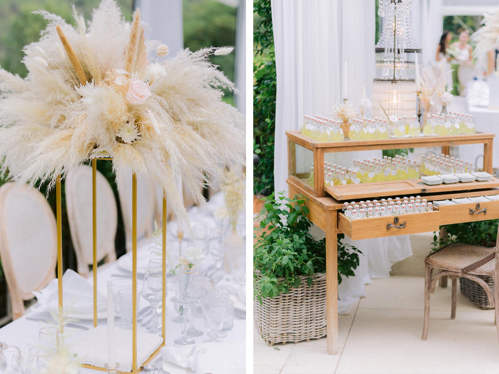 Décoration de mariage champêtre et durable avec fleurs de saison.
