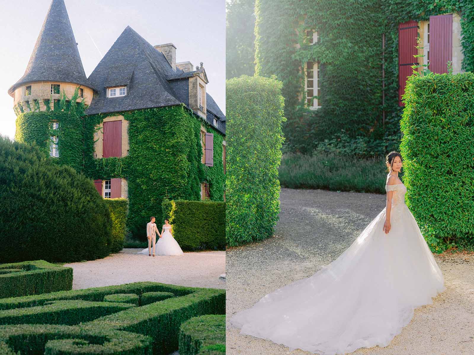 Robe de mariée bohème et costume pour mariage élégant en 2025 / 2026.
