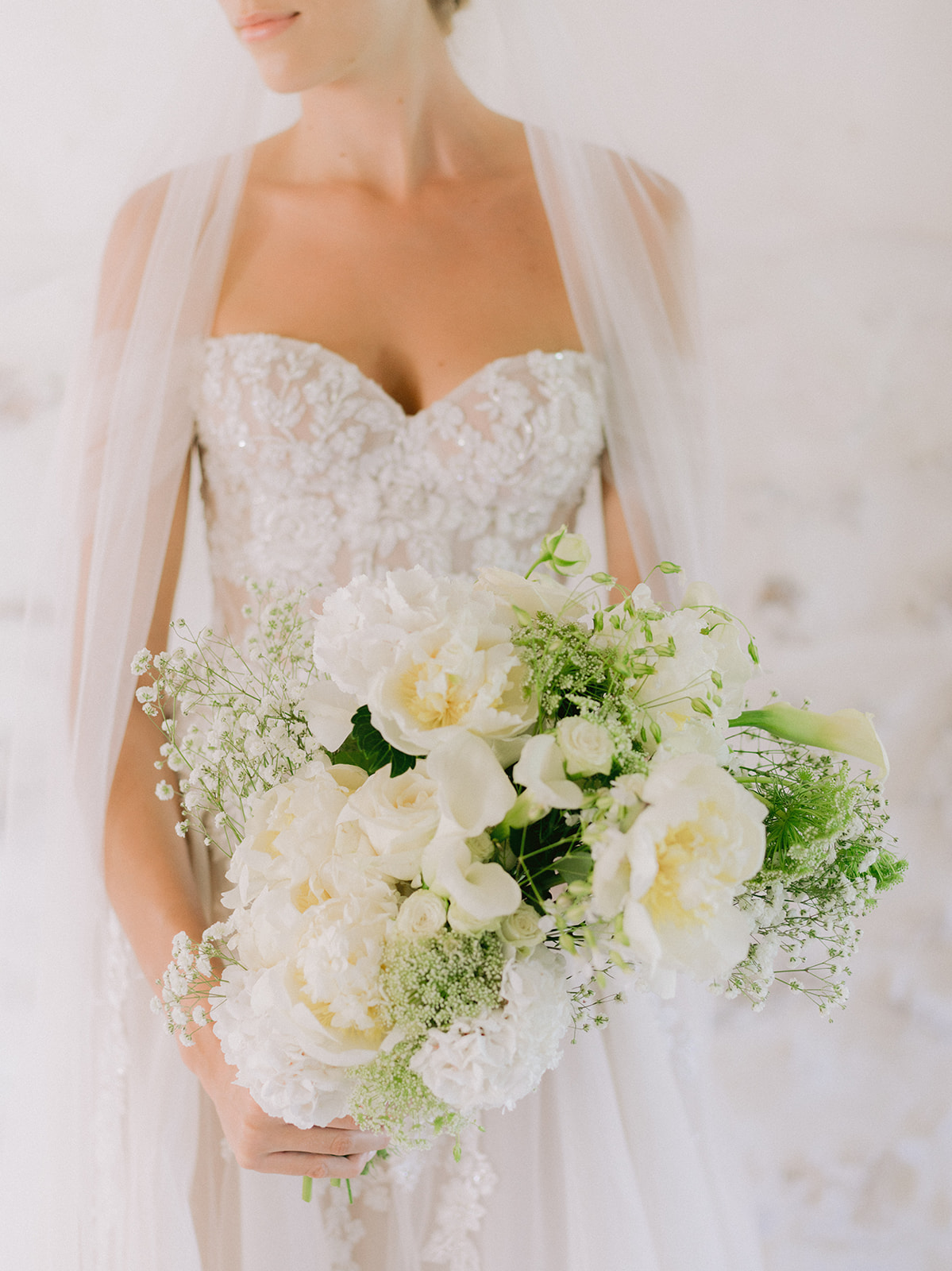Photo du bouquet de la mariée en gros plan, avec une robe en dentelle blanche en arrière-plan. Capture élégante et lumineuse.