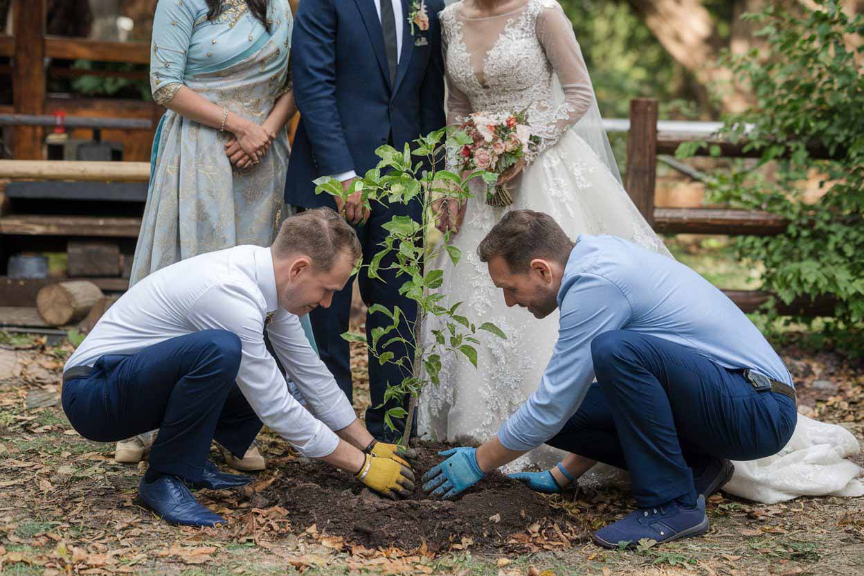 Couple plantant un arbre de vie lors de leur cérémonie de mariage.