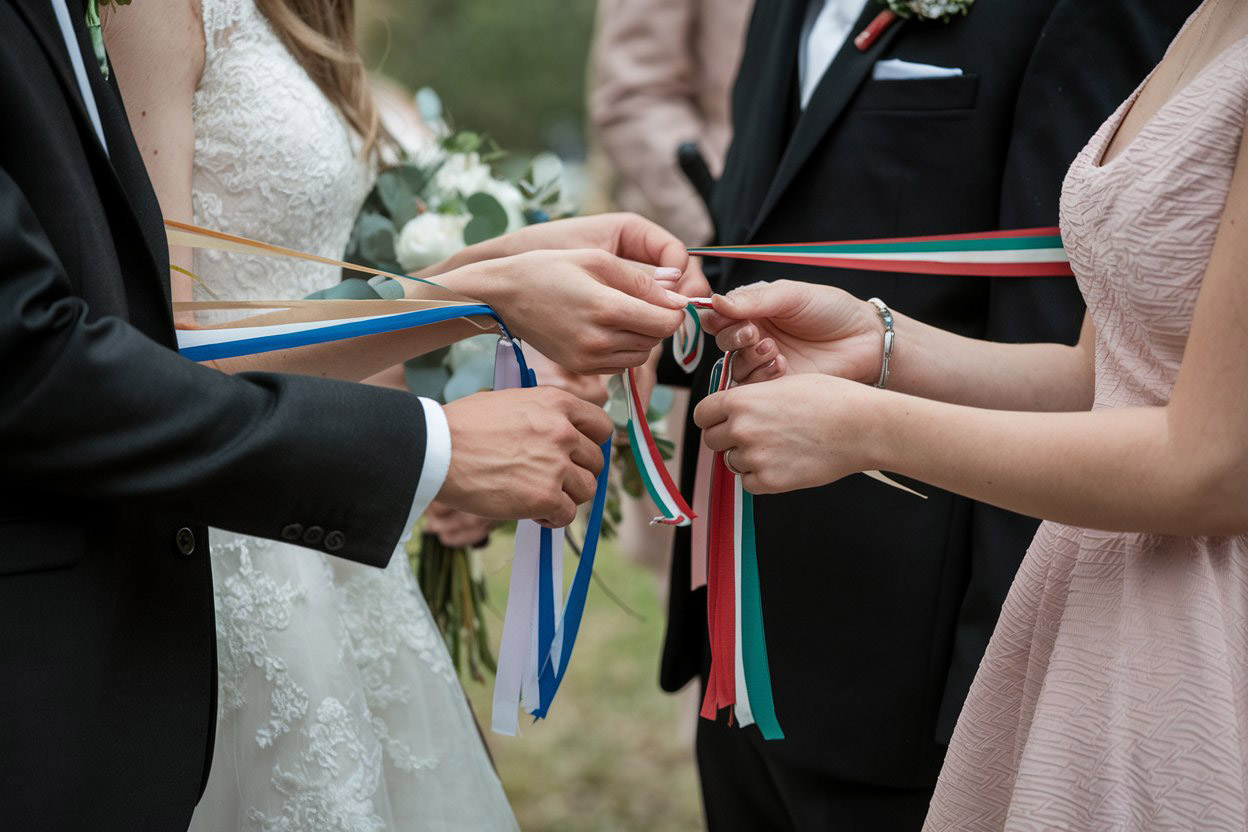 Mains d'un couple attachées avec des rubans colorés lors d'un rituel de mariage celtique.