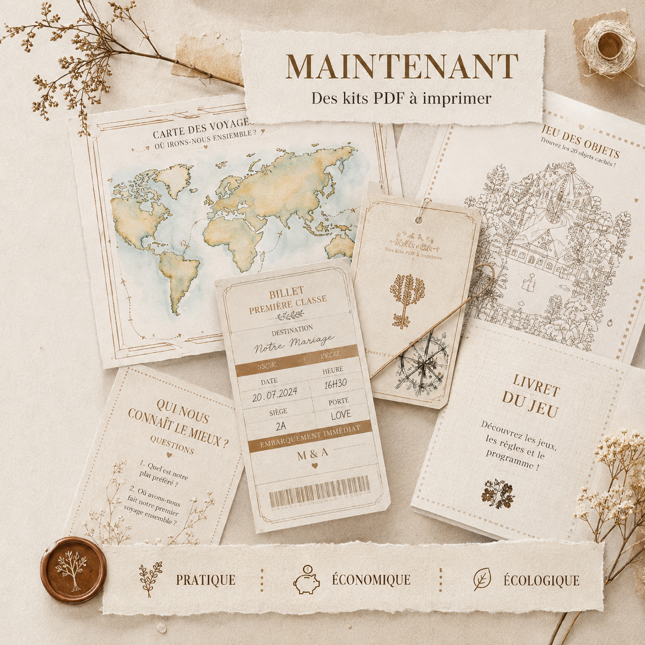 Carte du monde et billet de voyage à imprimer pour une énigme Wedding Game