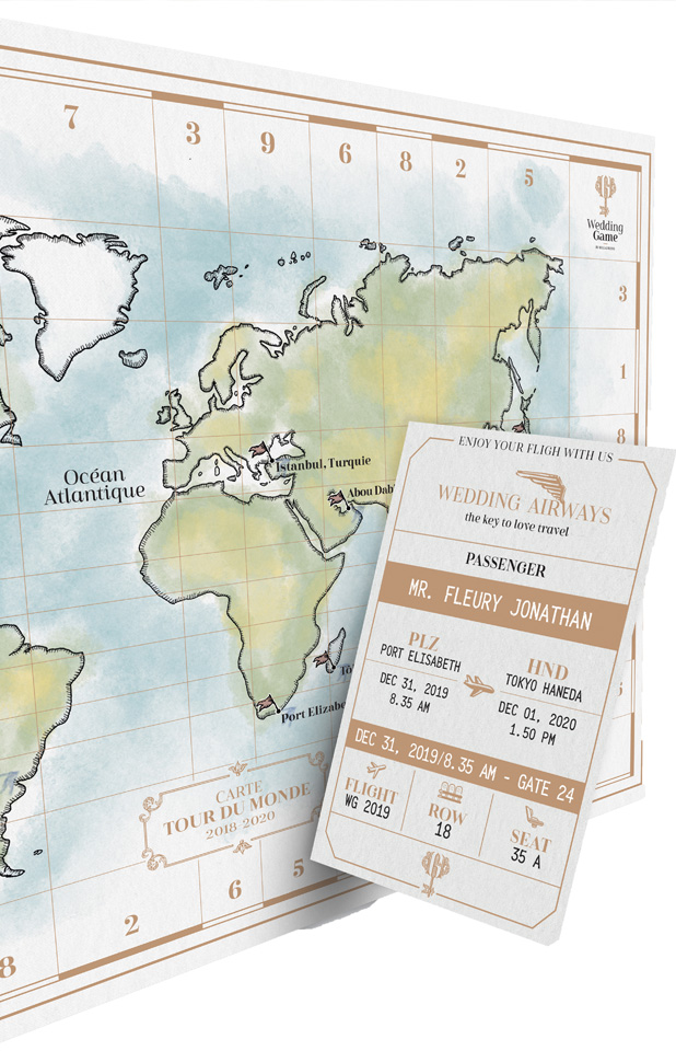 Carte du monde et billet de voyage à imprimer pour une énigme Wedding Game