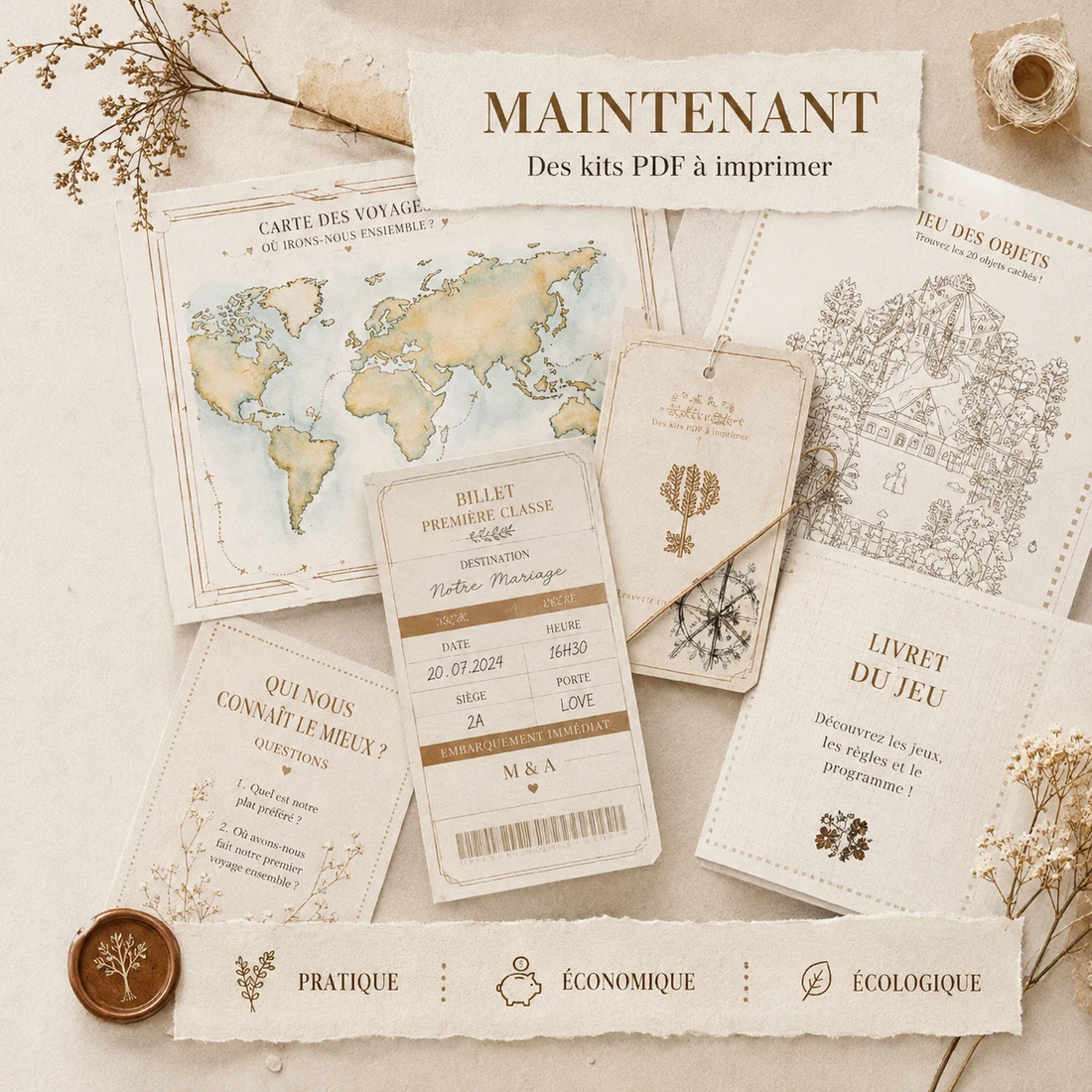 Carte du monde et billet de voyage à imprimer pour une énigme Wedding Game