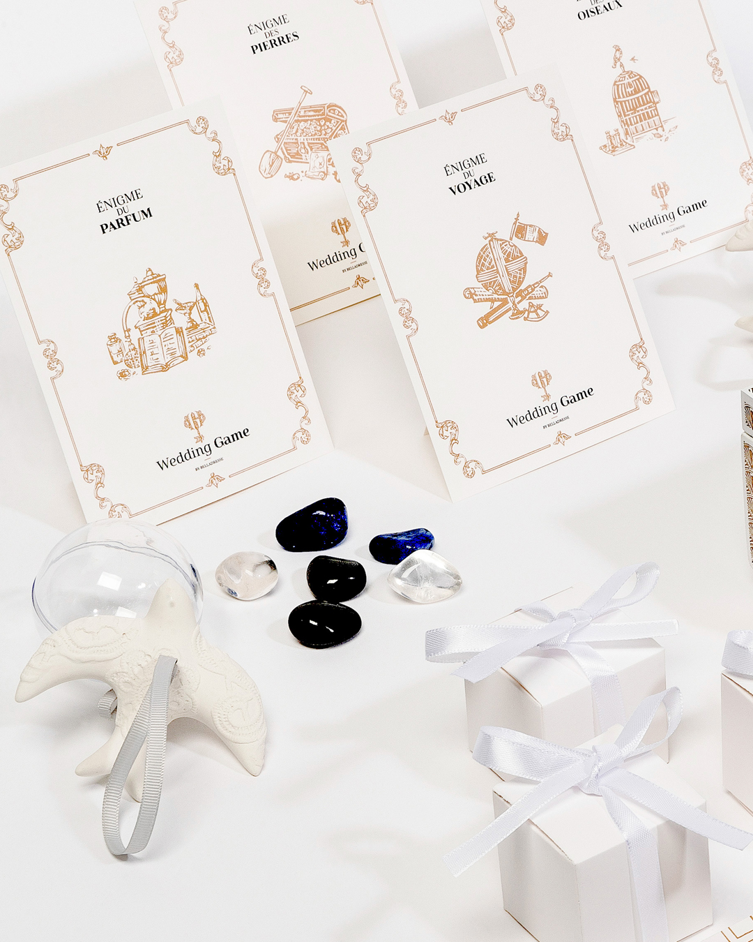 Énigmes et accessoires du kit PDF Wedding Game pour préparer un escape game mariage
